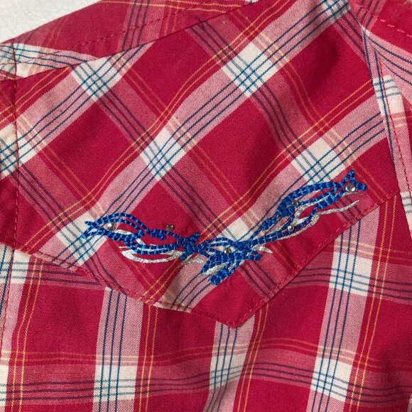 Womens Bit & Bridle Pearl Snap Western Plaid Shirt Embroidered M Pink White Blue - Picture 5 of 9